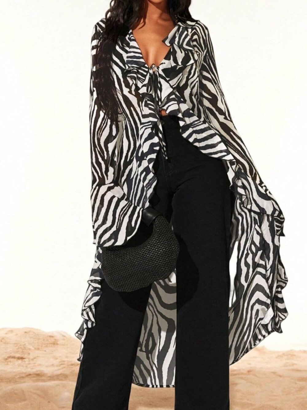 Multicolor Casual Women's Boho Chiffon Cardigan with Zebra Print and Ruffle Trim
